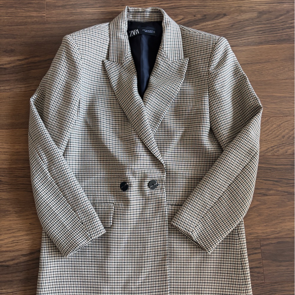 Zara Brown & Black Checked Double-Breasted Blazer Coat NWOT